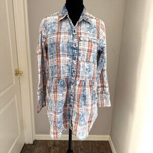 Soft Surroundings Womens Plaid Button Up Tunic Shirt M Cotton Pockets Oversized